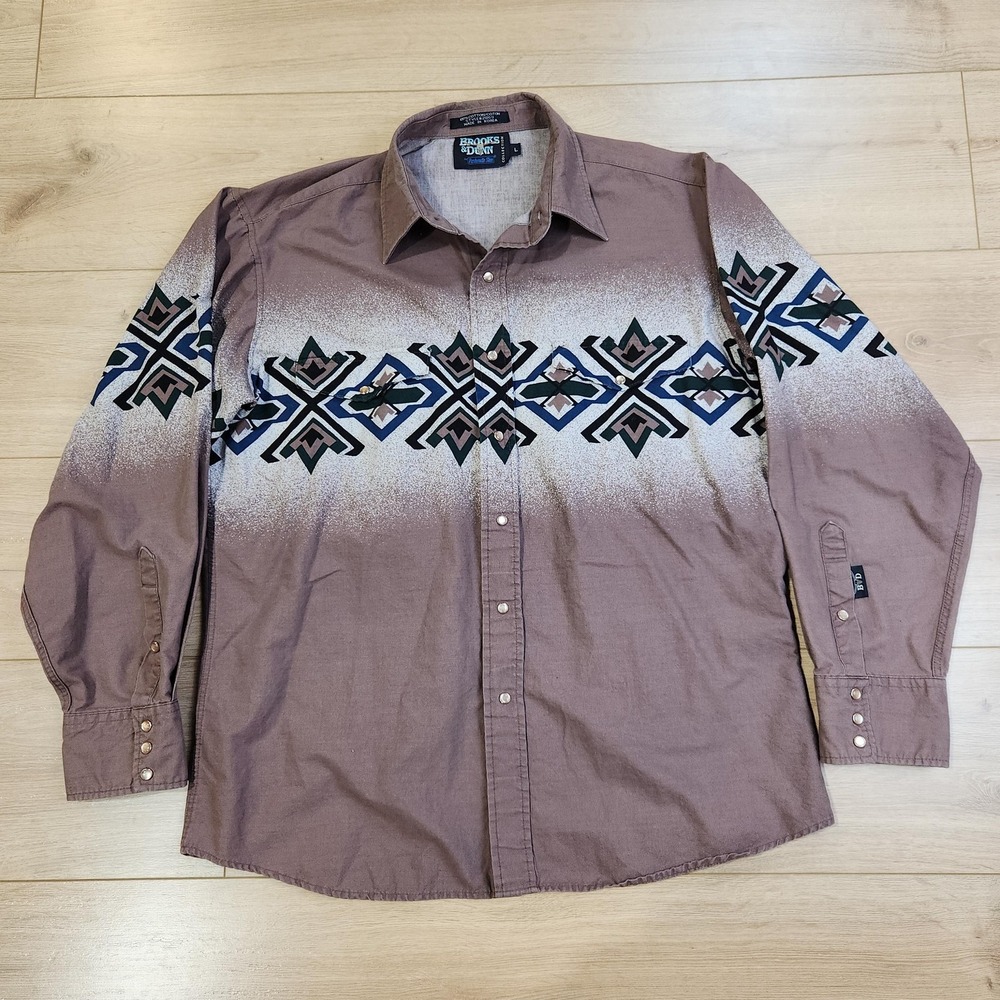 Vintage Brooks & Dunn Shirt Mens‎ Large Brown Aztec Geometric Western Pearl Snap